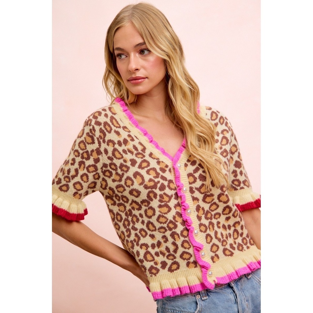 BiBi Leopard Patterned Ruffled Detail Button Cardigan - Large - Picture 1 of 9